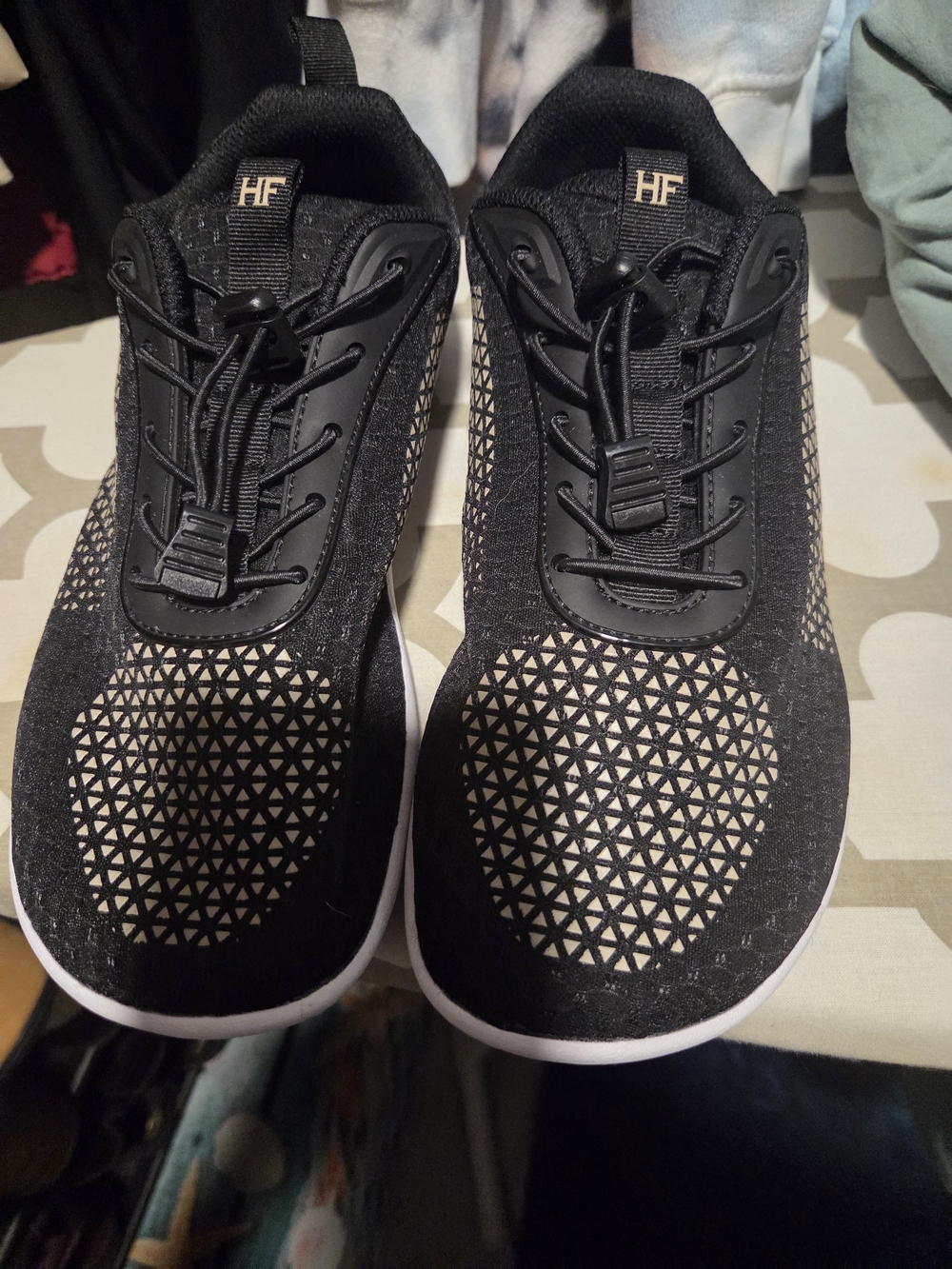 Women's Black Barefoot Athletic Sneakers with Beige Geometric Detail Pull Tab